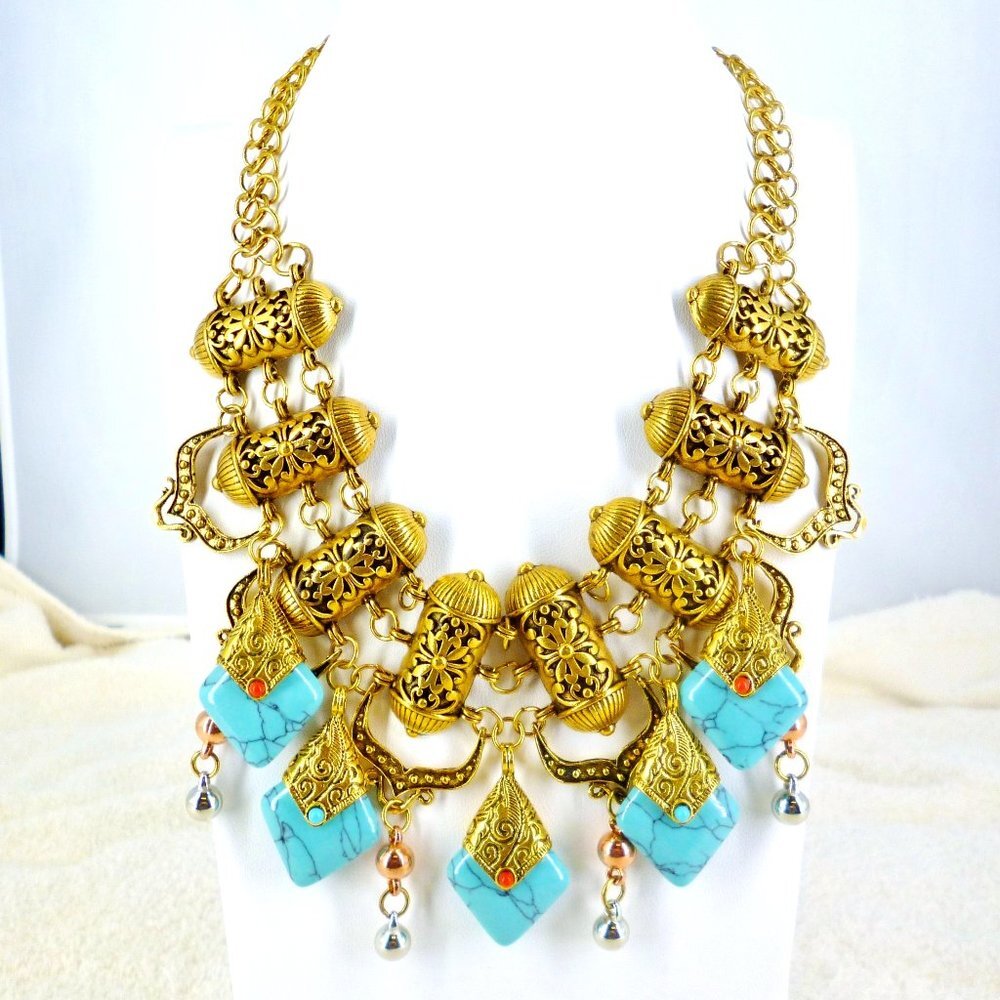 Necklace Amazing Exotic Gold Tone Filigree Faux Turquoise & Coral Perfect 17138